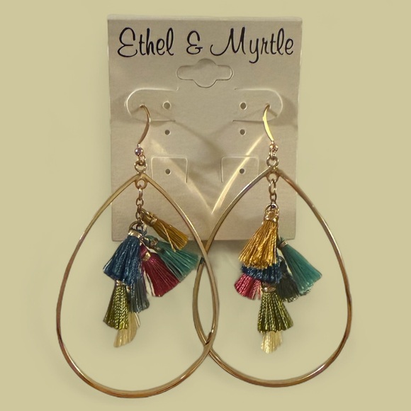 Ethel & Myrtle Gold Teardrop Dangle Earrings with Multicolor Tassels, 3” Drop - Picture 2 of 12